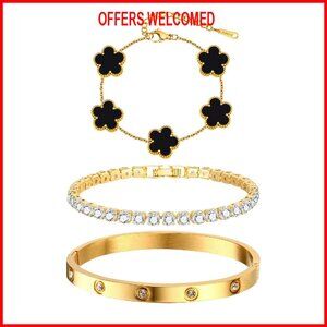 18K Gold Plated Stackable Bangle Bracelets Set - 3Pcs Stainless Steel